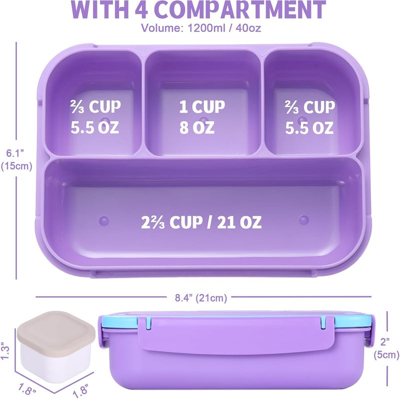 shell and turtle Bento Box for Kids Girls Boys, Bento Box Adult Lunch Box with 4 Compartments, Lunch Containers with Utensils, Sauce Jar, Muffin Liners for School, 40 Oz/5 Cup, Purple - Image 2